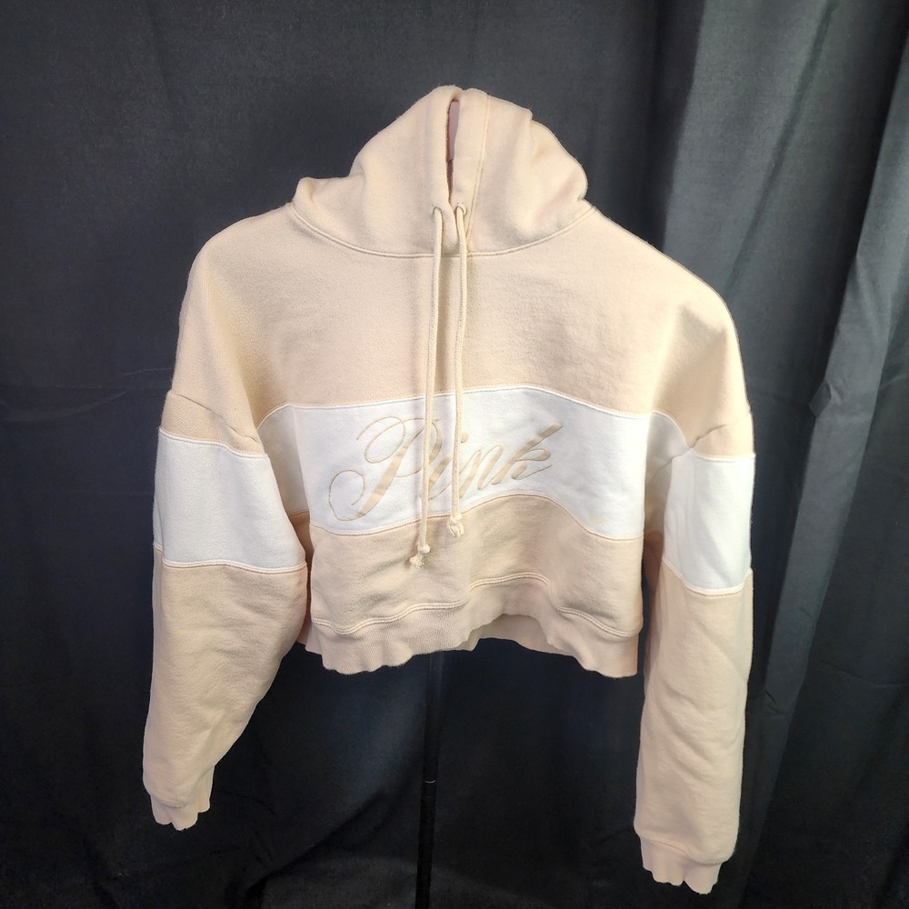 Victoria‎ Secret Womens Hoodie Crop top Size L  Tan And White